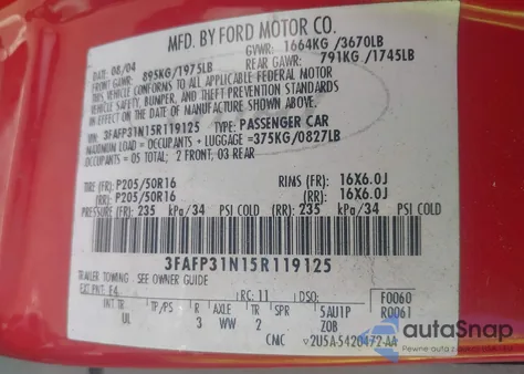 2005 Ford Focus Zx3 from USA, damaged, VIN 3FAFP31N15R119125